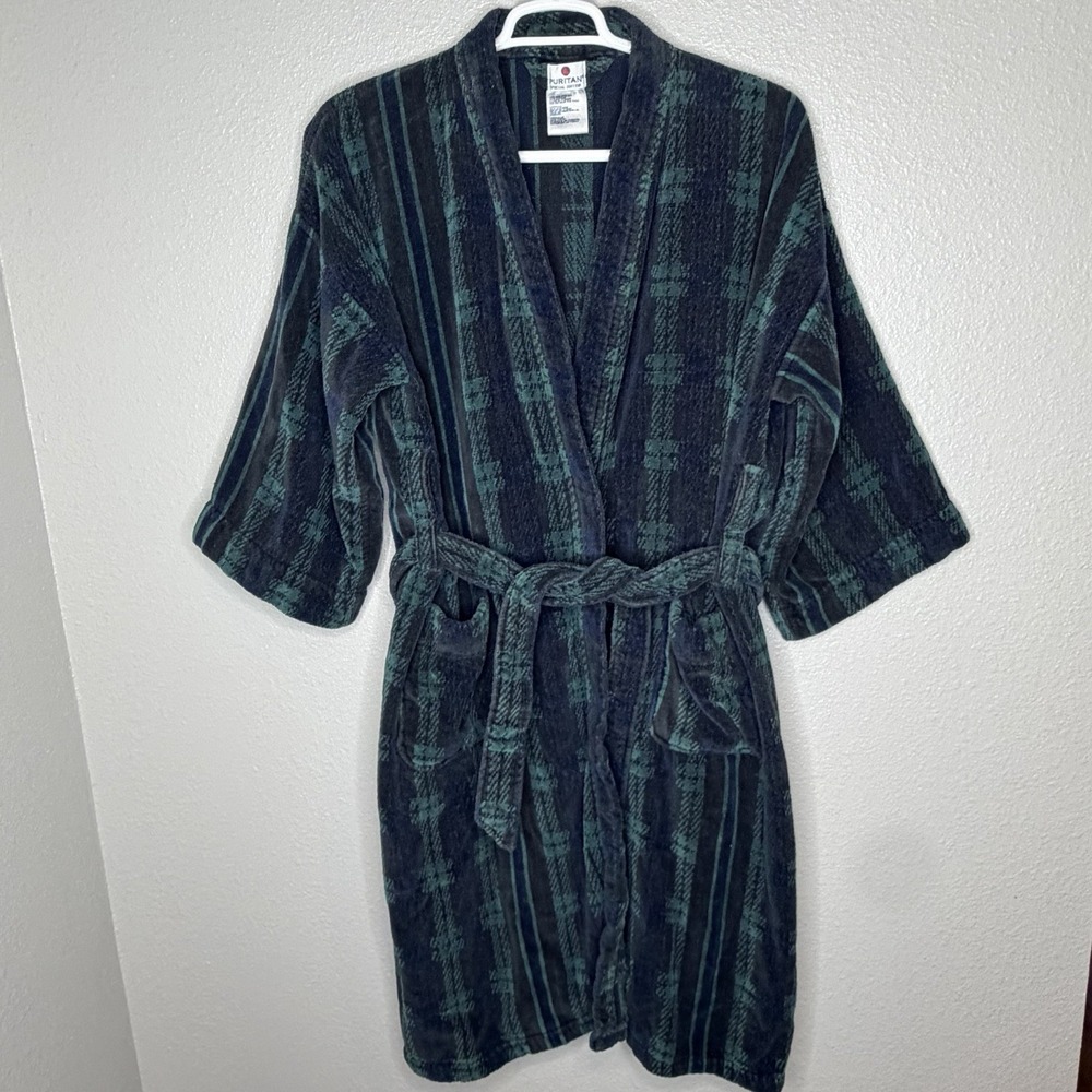 VTG 90s Puritan‎ Terry Cloth Robe OS Plaid Green Blue Cozy Loungewear Dad Core